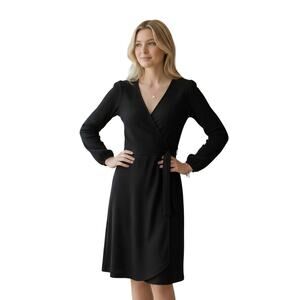 Madewell Black Faux Wrap V‑Neck Blouson Sleeve Midi Dress Women’s S EUC